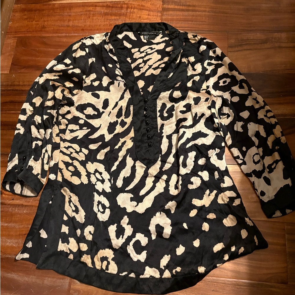 ZARA Woman Black Beige Animal Print Silk Blouse Tunic Size M (0742)